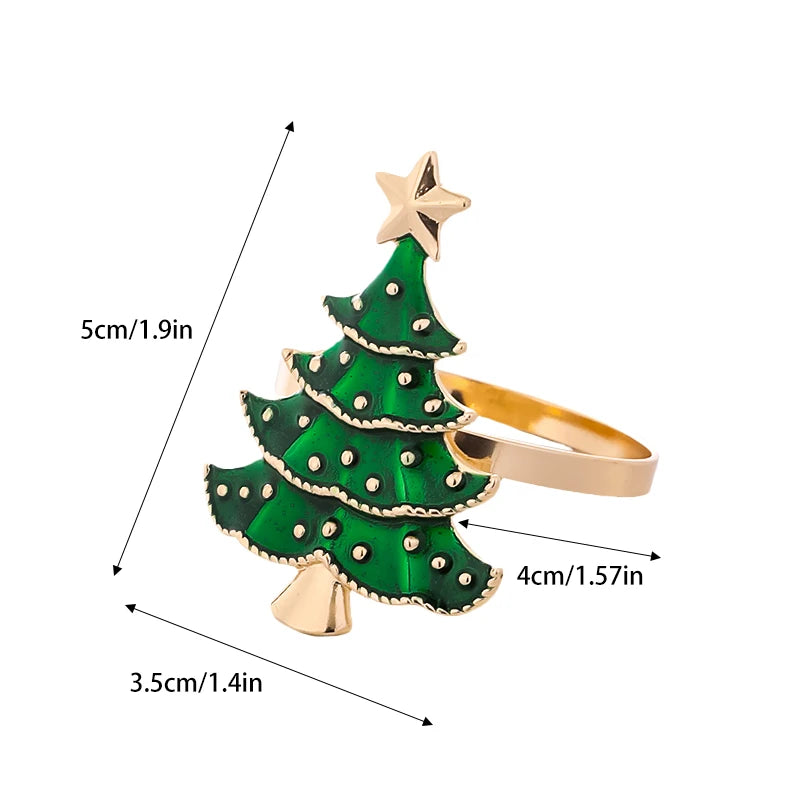 Christmas tree napkin ring with size dimensions, featuring green enamel tree and gold star, ideal for festive table arrangements.