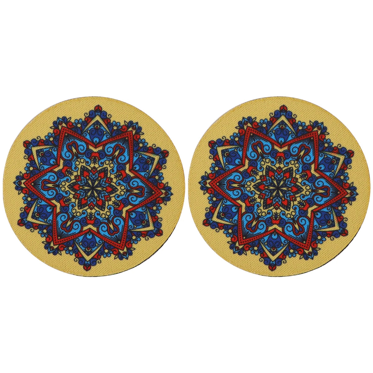 Two Vintage Mandala Car Cup Mats with blue and red starburst design on tan background, perfect for stylish vehicle cup holder protection.