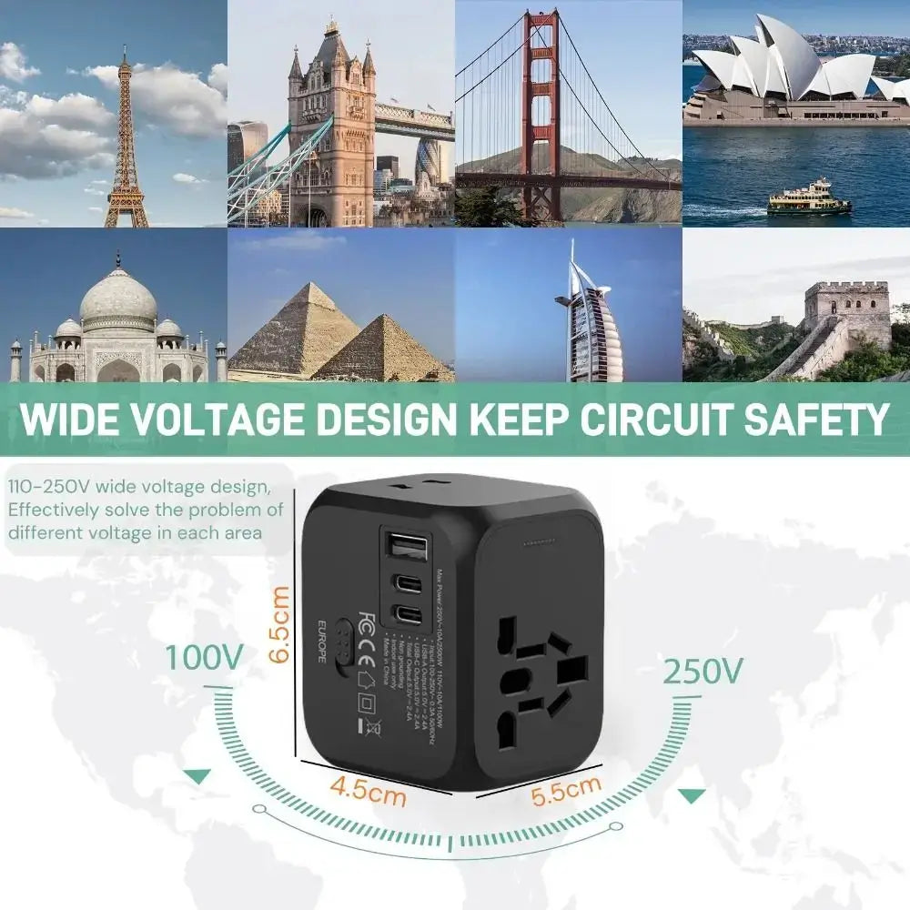 Universal Travel Plug Adapter with wide voltage support from 100V to 250V, ideal for global travel across multiple countries and regions.