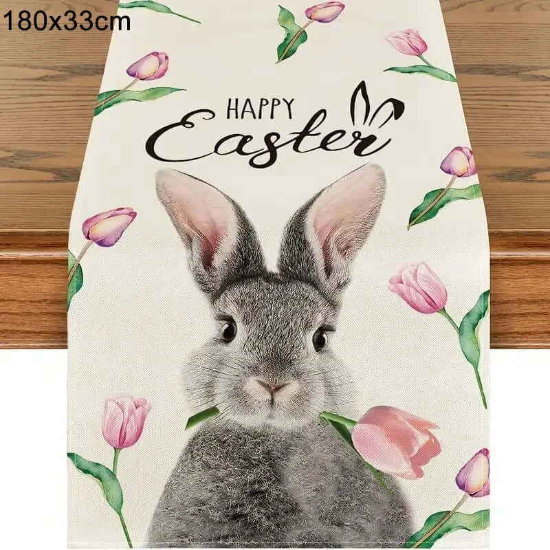 Linen Easter Bunny Table Runner with realistic bunny and tulip design. Features 'Happy Easter' text, perfect for holiday table settings.