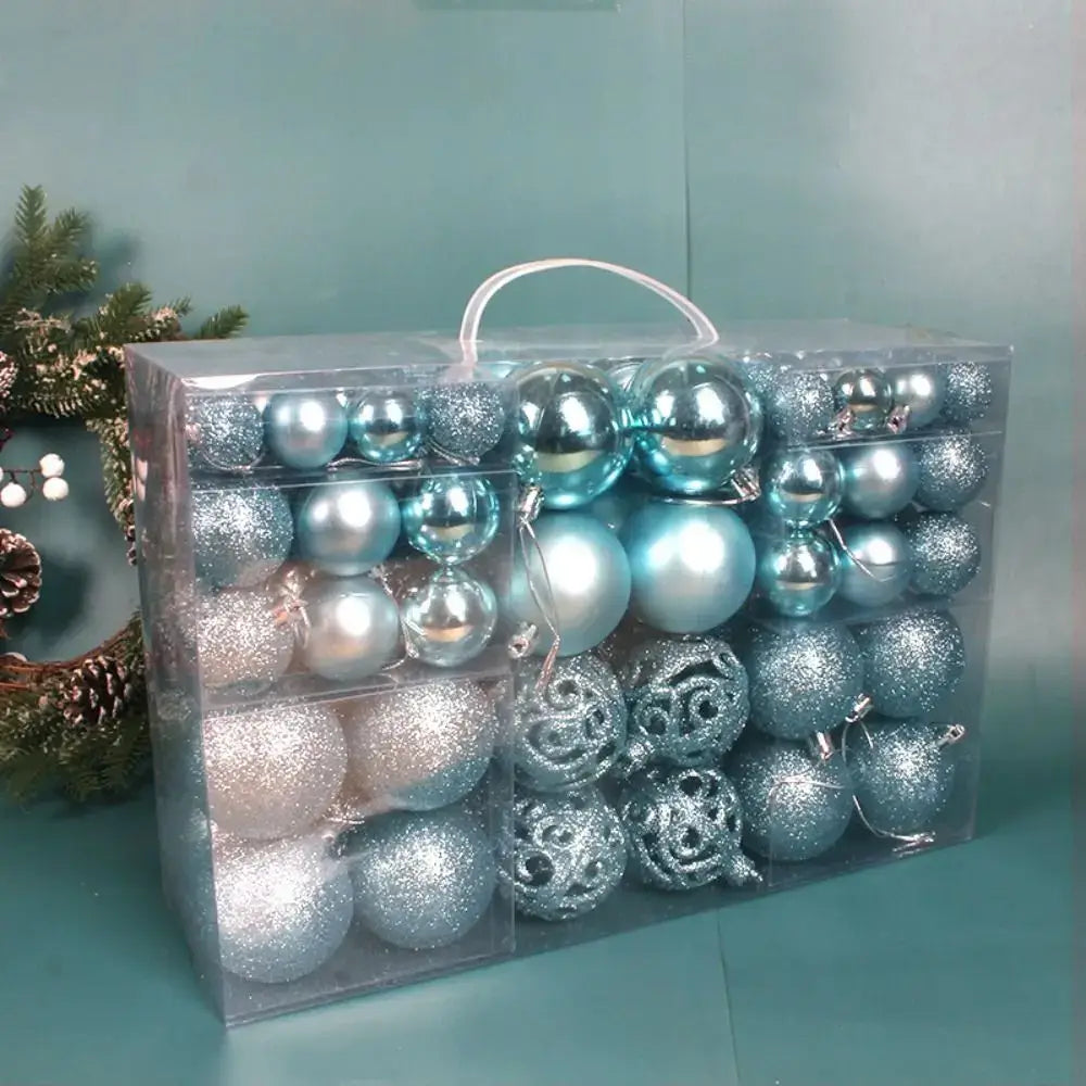 Blue 100PCS Plastic Christmas Ball Set with mixed finishes and hollow designs, perfect for enhancing Christmas tree aesthetics.