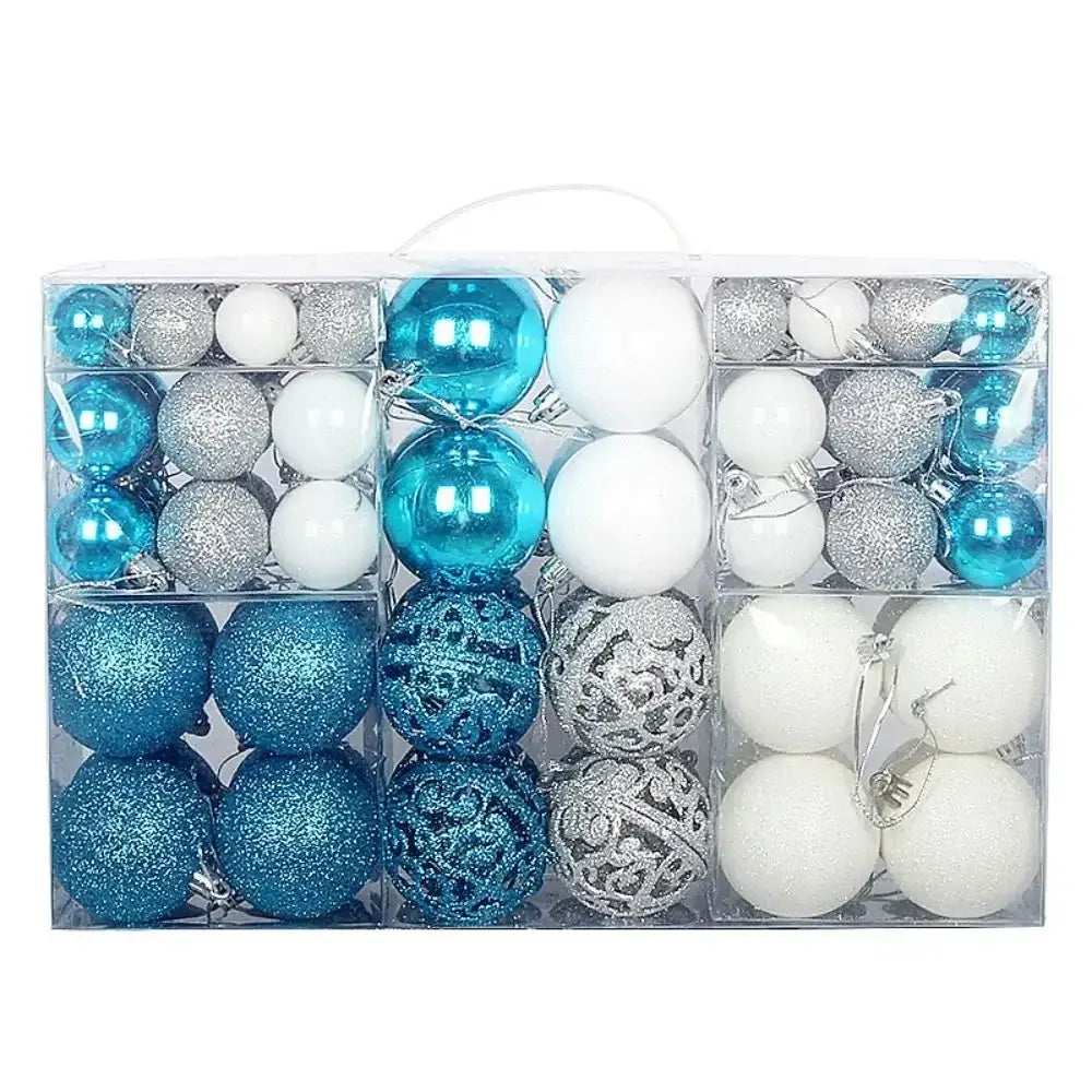 Blue and white 100PCS Plastic Christmas Ball Set with silver accents, ideal for icy winter-themed Christmas tree decor.