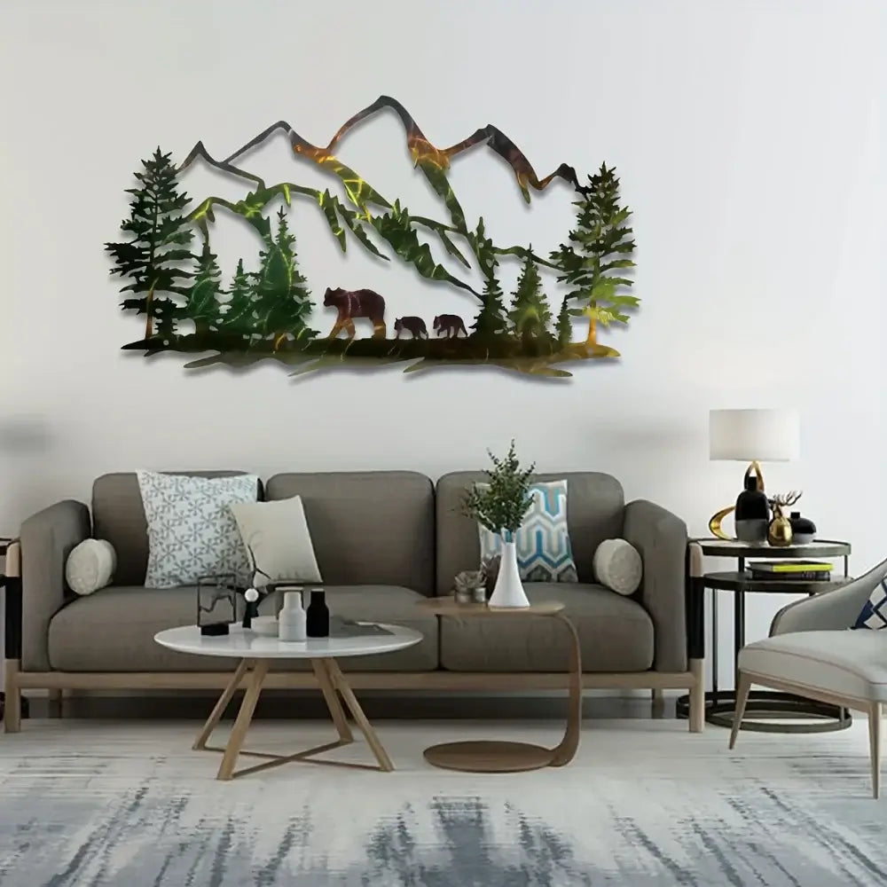 Rustic Metal Bear Wall Art displayed in a modern living room. Nature-themed decor piece enhances the space with forest and mountain elements.