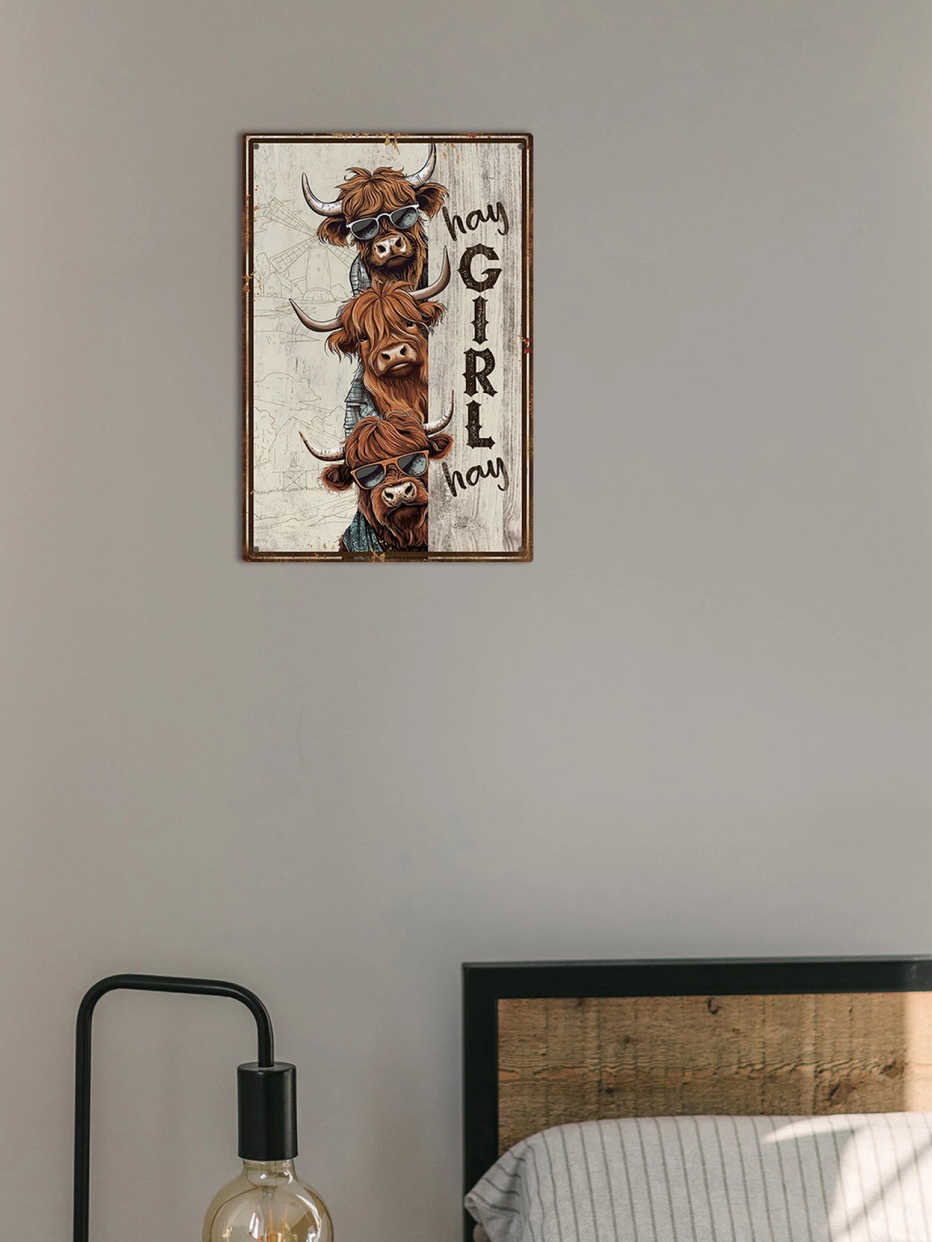Hey Girl Hey Metal Sign mounted above a nightstand. Perfect novelty wall art for farmhouse or eclectic home décor themes.