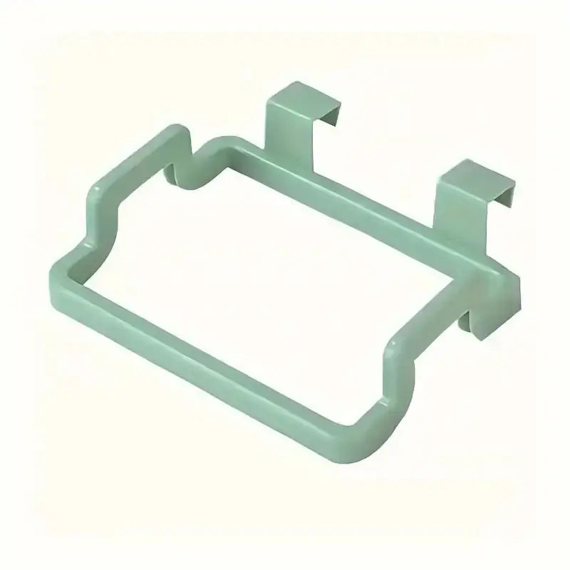 Green no-drill under sink trash bag hook for cabinet doors. Durable and space-saving utility hook for kitchen or bathroom waste bags.