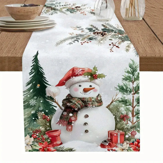 Linen table runner with snowman, Christmas tree, and red berries design. Festive decor for holiday dining tables in home and garden settings.