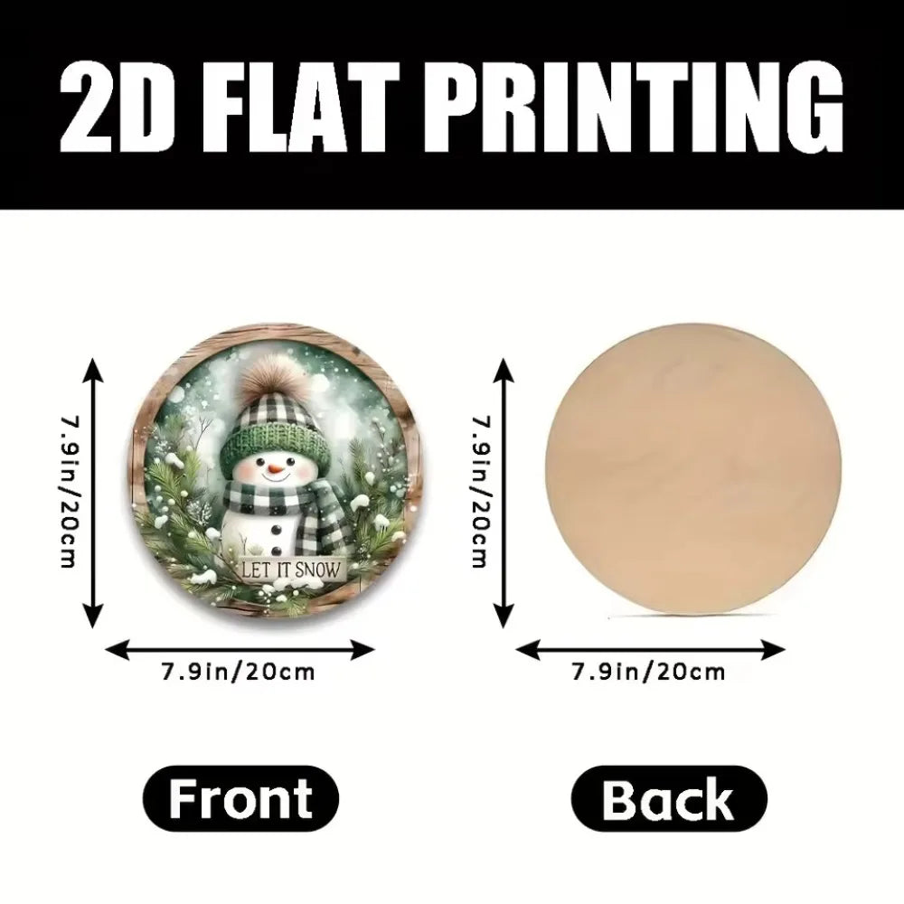 Charming Snowman Circular Wooden Sign with 2D flat printing, front and back view, 20x20cm round wood decor for seasonal holiday display.