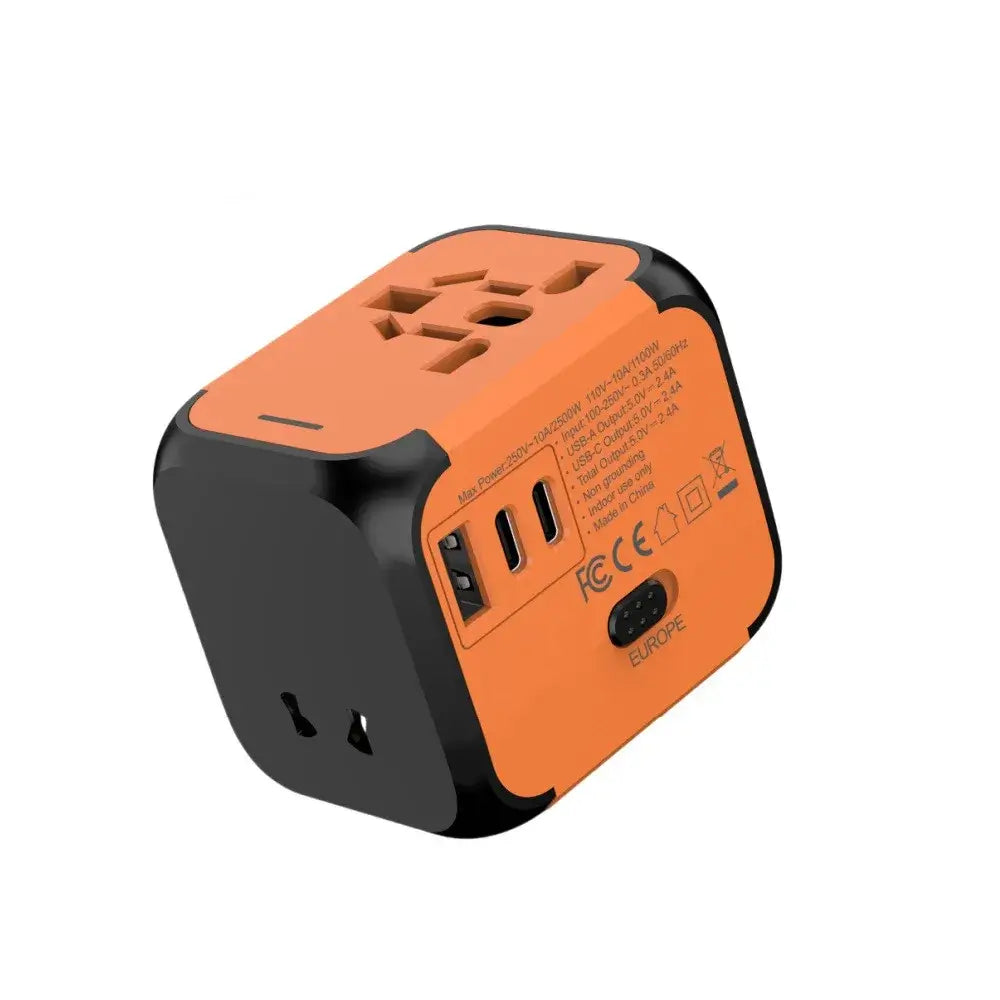 Orange Universal Travel Plug Adapter with 2 USB-C and 1 USB-A port, safety certified for use in EU, UK, US, and AU regions.