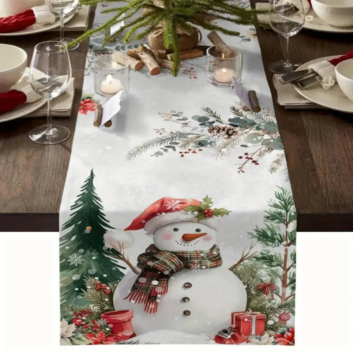 Holiday linen table runner with snowman, pine trees, and red gifts. Christmas design ideal for festive home and garden table decor.