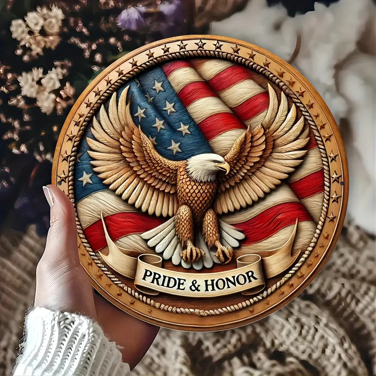 Patriotic Bald Eagle Round Metal Sign