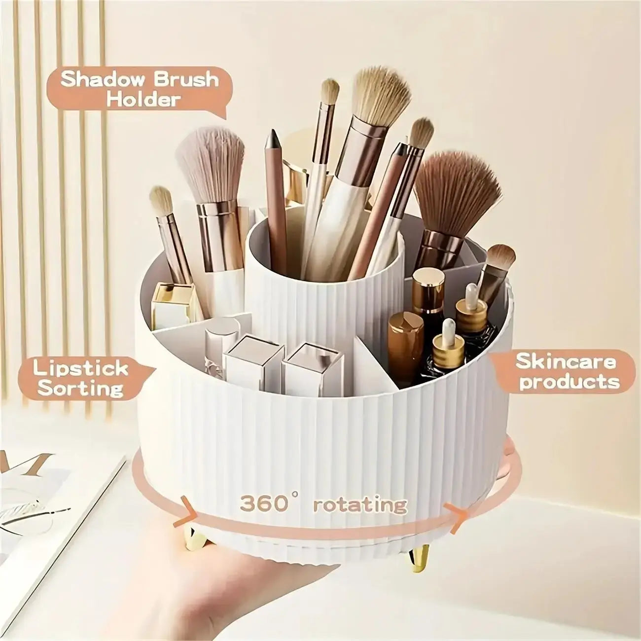 White 360 rotating storage box - 5 compartments labeled for shadow brushes, lipsticks, and skincare products, shown in hand.
