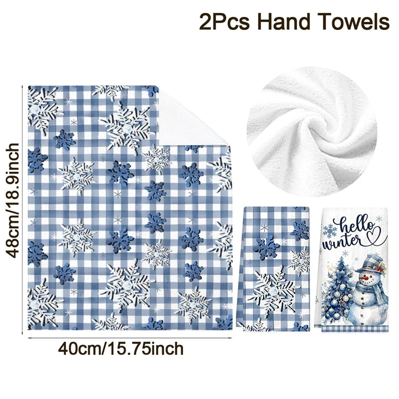 2pcs Christmas Kitchen Dishtowels featuring Santa and snowman designs with red plaid and festive text, ideal for holiday kitchen décor.