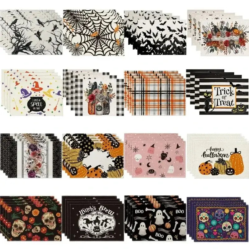 Halloween Table Placemats - Linen 4PCS set featuring assorted spooky designs like pumpkins, ghosts, bats, and witches. Ideal for festive dining decor.