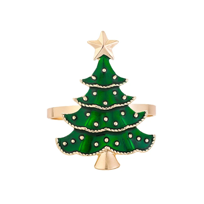 Single Christmas tree napkin ring with green enamel and gold star, perfect for holiday-themed table settings and festive gatherings.