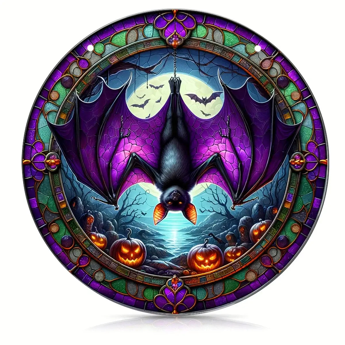 Purple bat Halloween window decoration with pumpkins and moonlit background, perfect for spooky seasonal home decor.