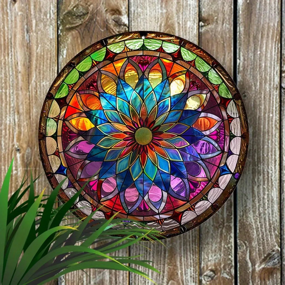Round Mandala Aluminum Art Sign mounted on wooden wall, showcasing vibrant multicolor mandala design. Ideal for indoor or outdoor decor.
