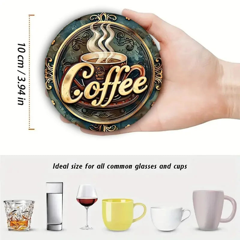 The 6-piece set of coffee cup theme pattern wooden round coasters