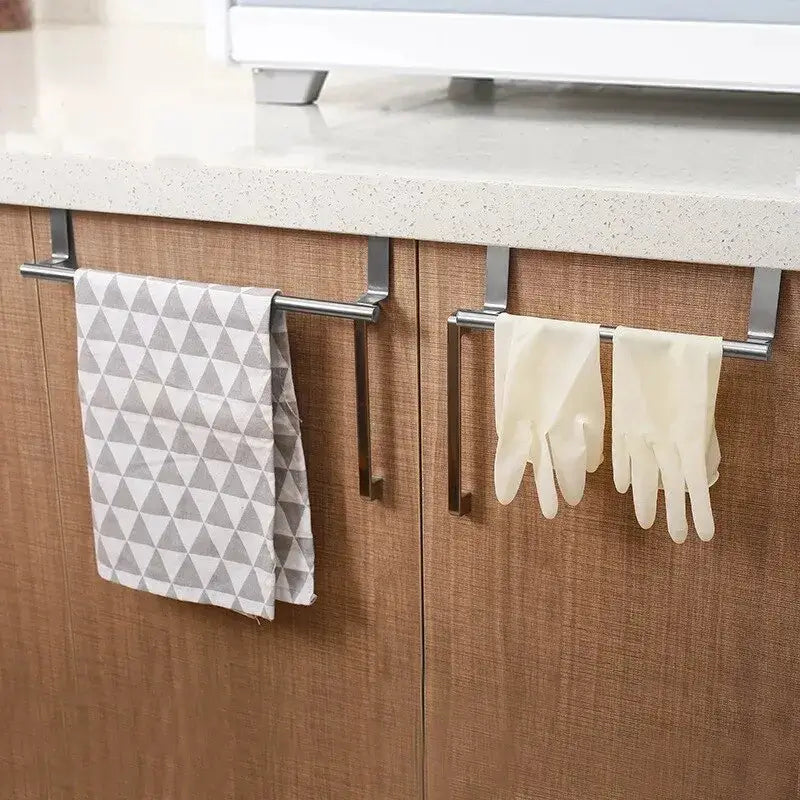 Stainless Steel Towel Bar - Durable & Rust-Resistant, mounted on a cabinet with towel and gloves hanging, perfect for organized storage.