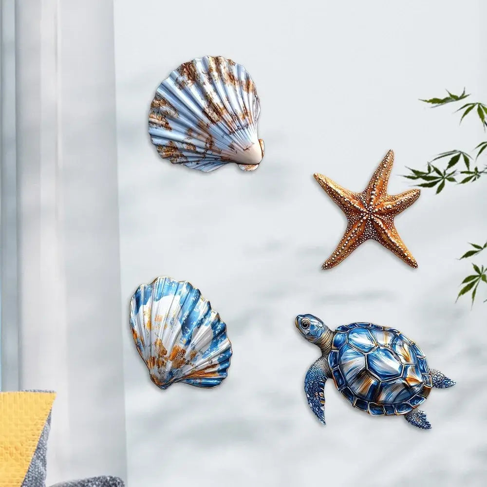 Wooden blue and brown ocean decorations including a turtle, starfish, and seashells on a white wall. Adds seaside charm to any space.