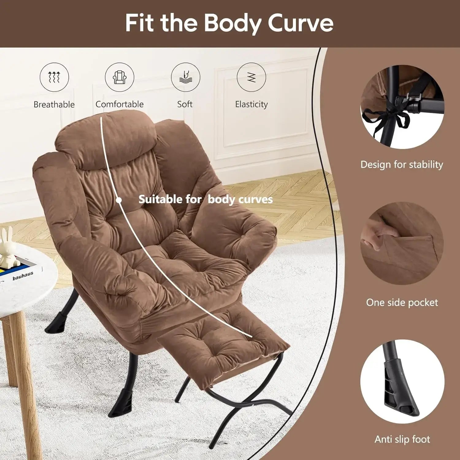 Comfortable Lazy Chair with Ottoman highlighting body curve support, breathable fabric, and anti-slip feet for stability.