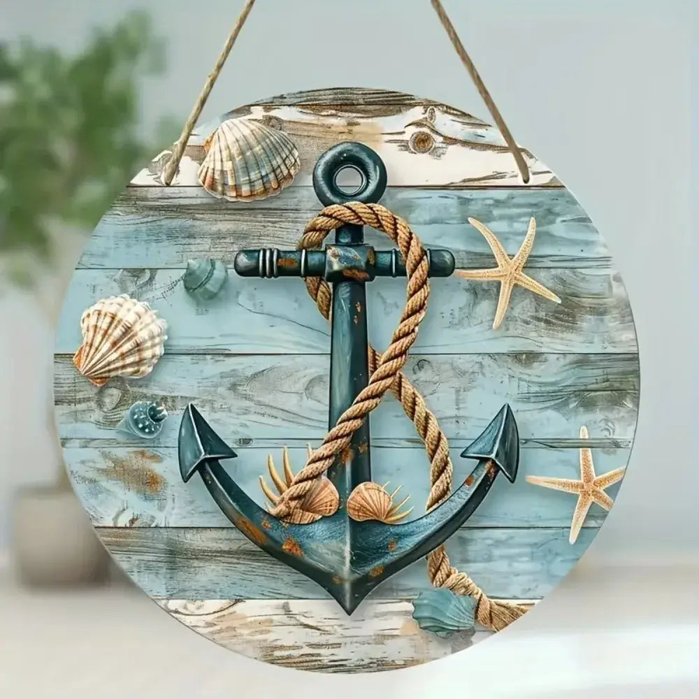 Coastal aluminum decor plaque with ocean-inspired anchor and shell design on rustic wood texture. Perfect for beach-style interiors.