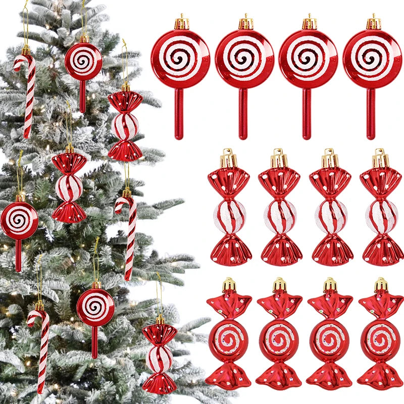 Assorted red and white candy-themed Christmas ornaments including lollipops and candy canes, ideal for festive tree decoration.