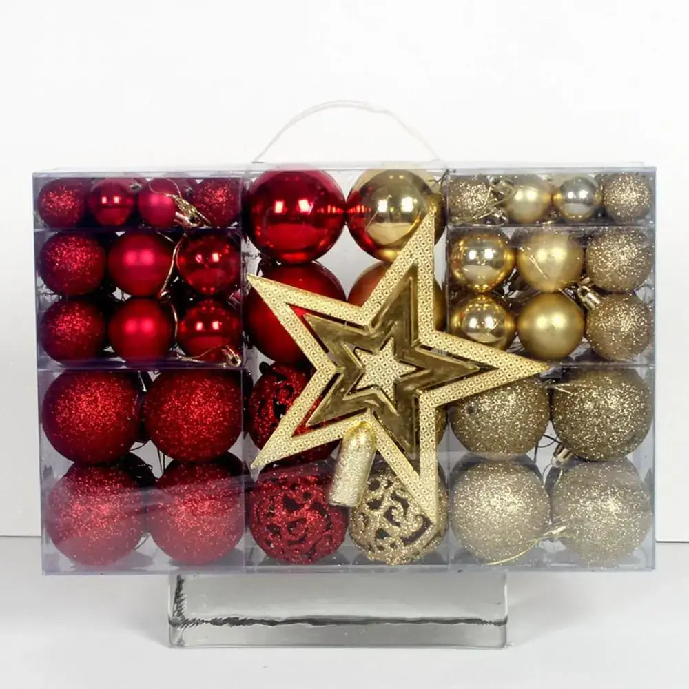 Red and gold 100PCS Plastic Christmas Ball Set with star topper, ideal for festive and traditional Christmas tree styling.