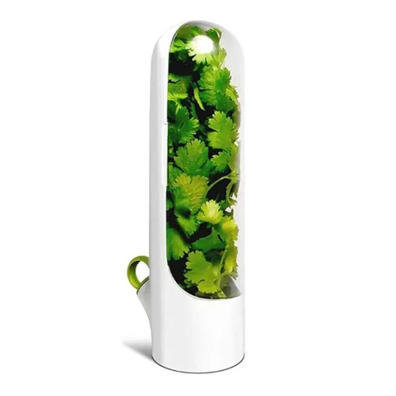 Vertical Herb Saver Container with fresh cilantro, designed for fridge storage to maintain herb freshness for up to 3 weeks.