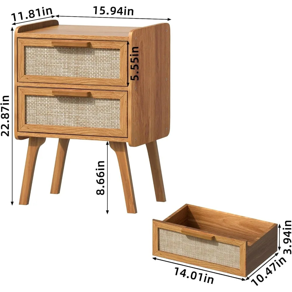Set of 2, Rattan Nightstands with 2 Drawers