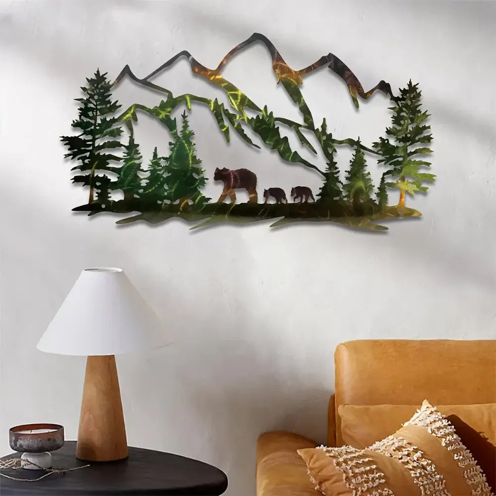 Metal Forest Mountain Bear Art mounted above a cozy corner with lamp and sofa. Adds rustic charm to home decor with wilderness-inspired design.