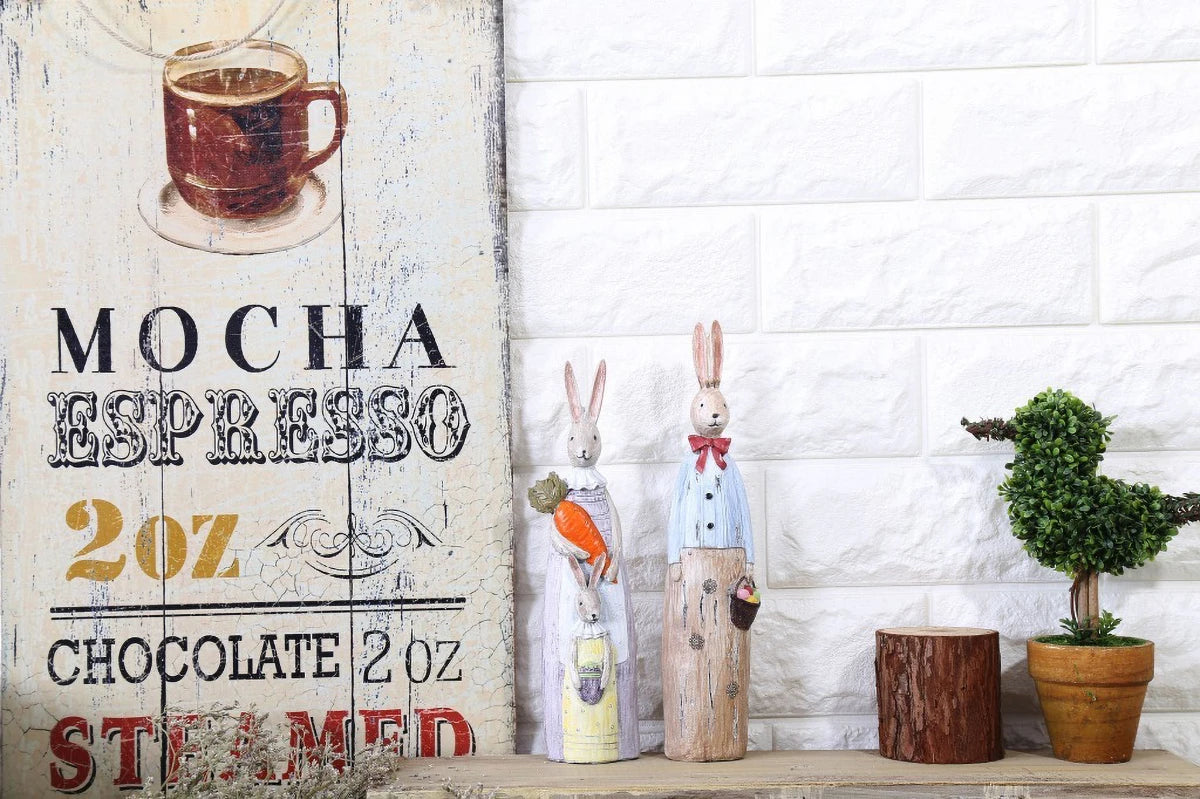 Wood Grain Resin Bunny Couple Statue - Handmade