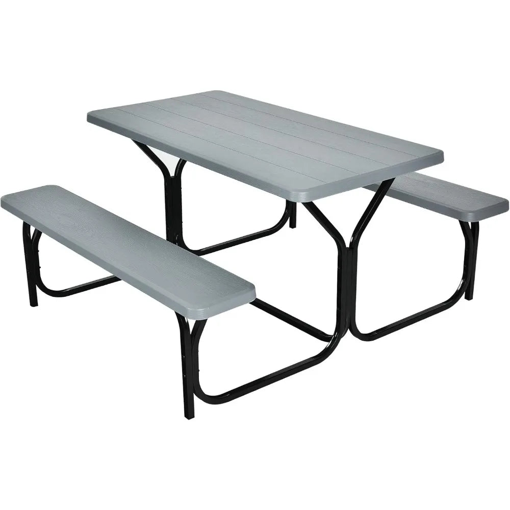 Gray All Weather Picnic Table Set with metal base and wood-like finish, perfect for outdoor furniture setups.