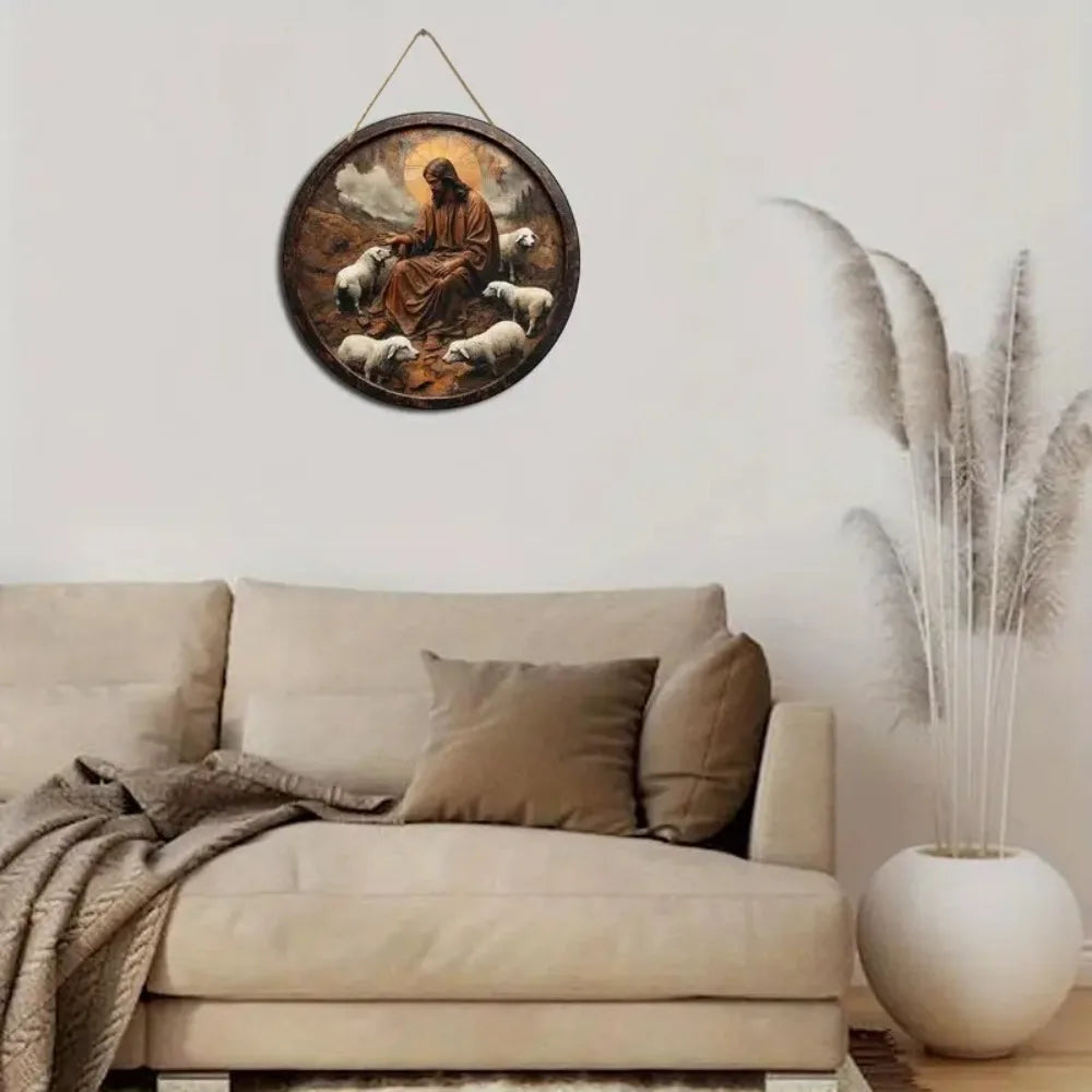 2D Retro Jesus Sign - Wooden Welcome hanging above a beige sofa, adding festive warmth to living room holiday decorations.