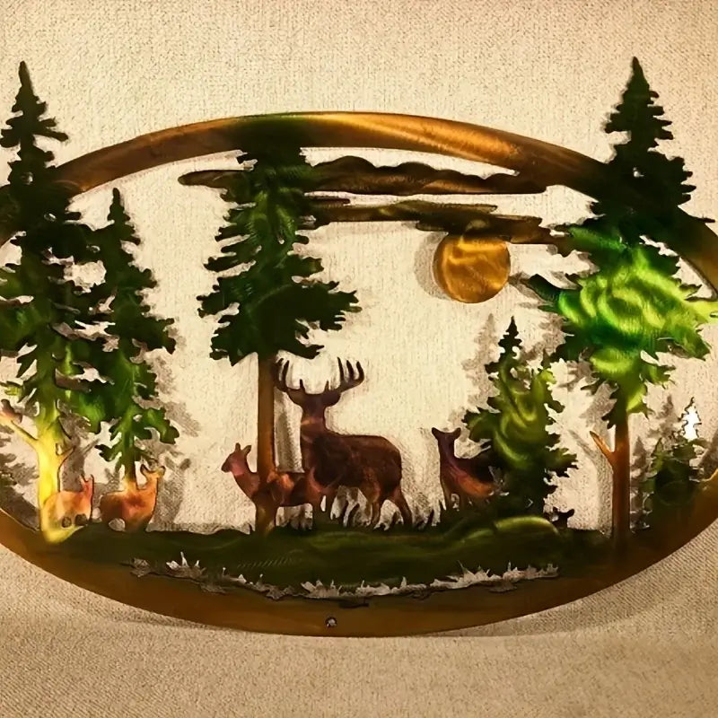 Metal art wall decoration featuring deer in a forest scene with pine trees and a golden sun, ideal for rustic cabin or lodge decor.