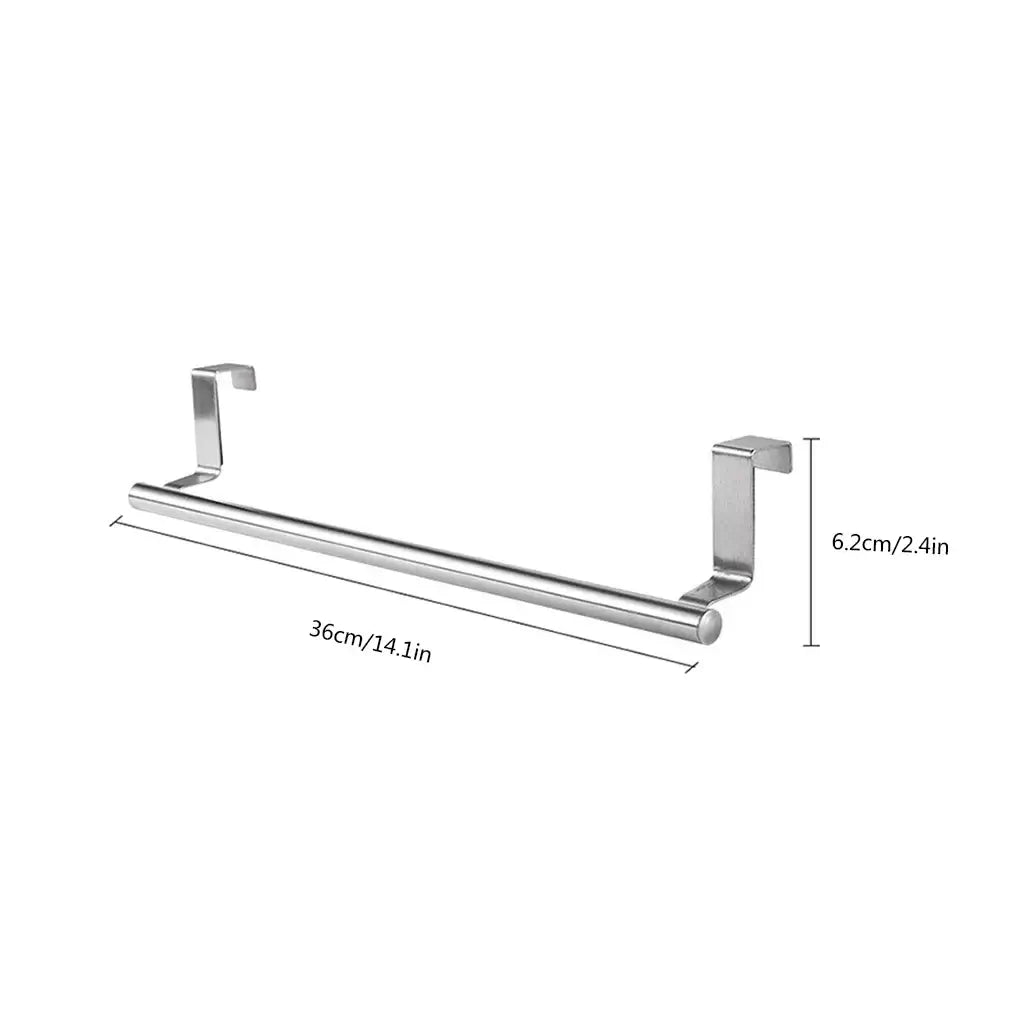 Stainless Steel Towel Bar - Durable & Rust-Resistant, 36cm wide with 6.2cm hooks, designed for over-the-door cabinet installation.