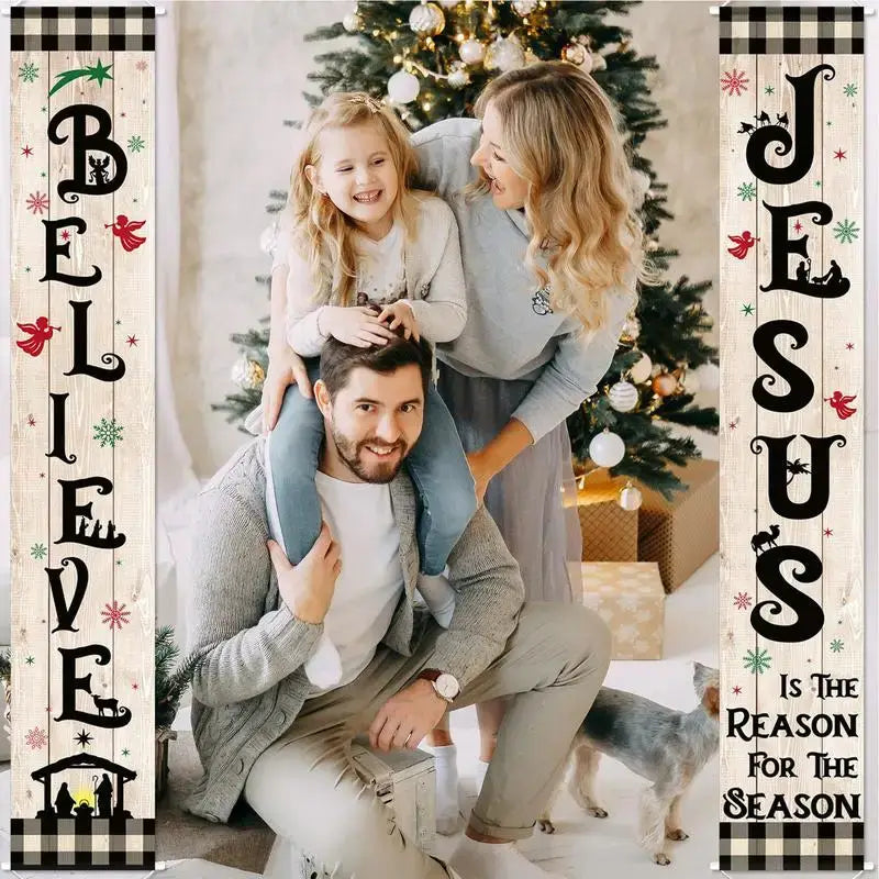 Family posing indoors with Decorative Christmas Banners, showcasing 'Believe' and 'Jesus' messages for seasonal home decoration.