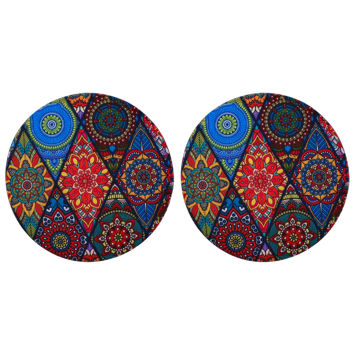 Pair of Vintage Mandala Car Cup Mats with multicolor diamond pattern, ideal for adding vibrant style to car interiors.