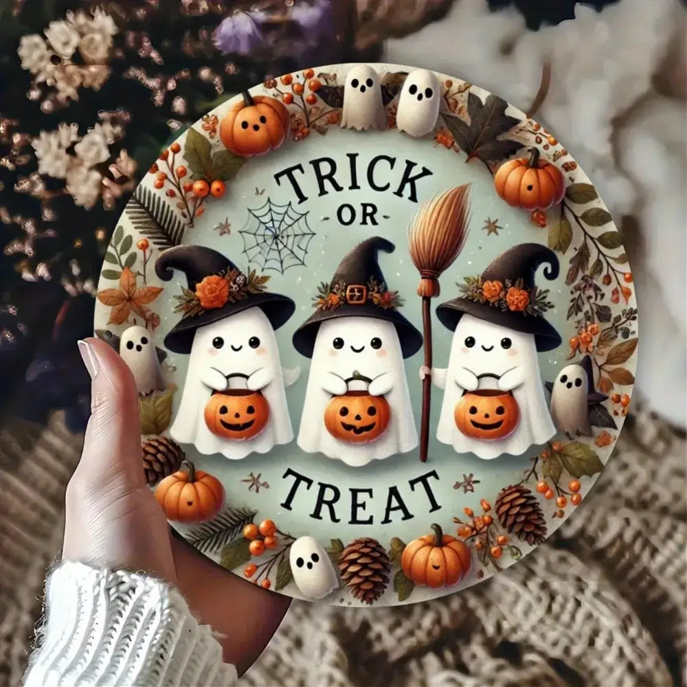 Round Halloween metal sign featuring three cartoon ghosts with pumpkins, ideal for festive home decor, durable and easy to clean.