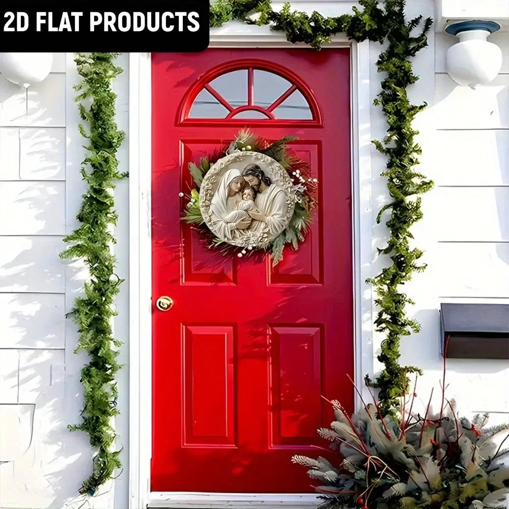 Classic Wooden Nativity Wall Hanging used as a wreath centerpiece on a red front door, adding festive charm to outdoor holiday decorations.