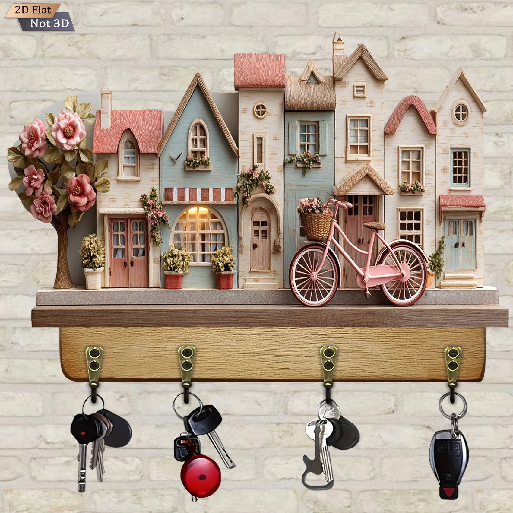 2D,12in Retro Country Dreamy Fairy Tale Cottage Wooden Key Holder