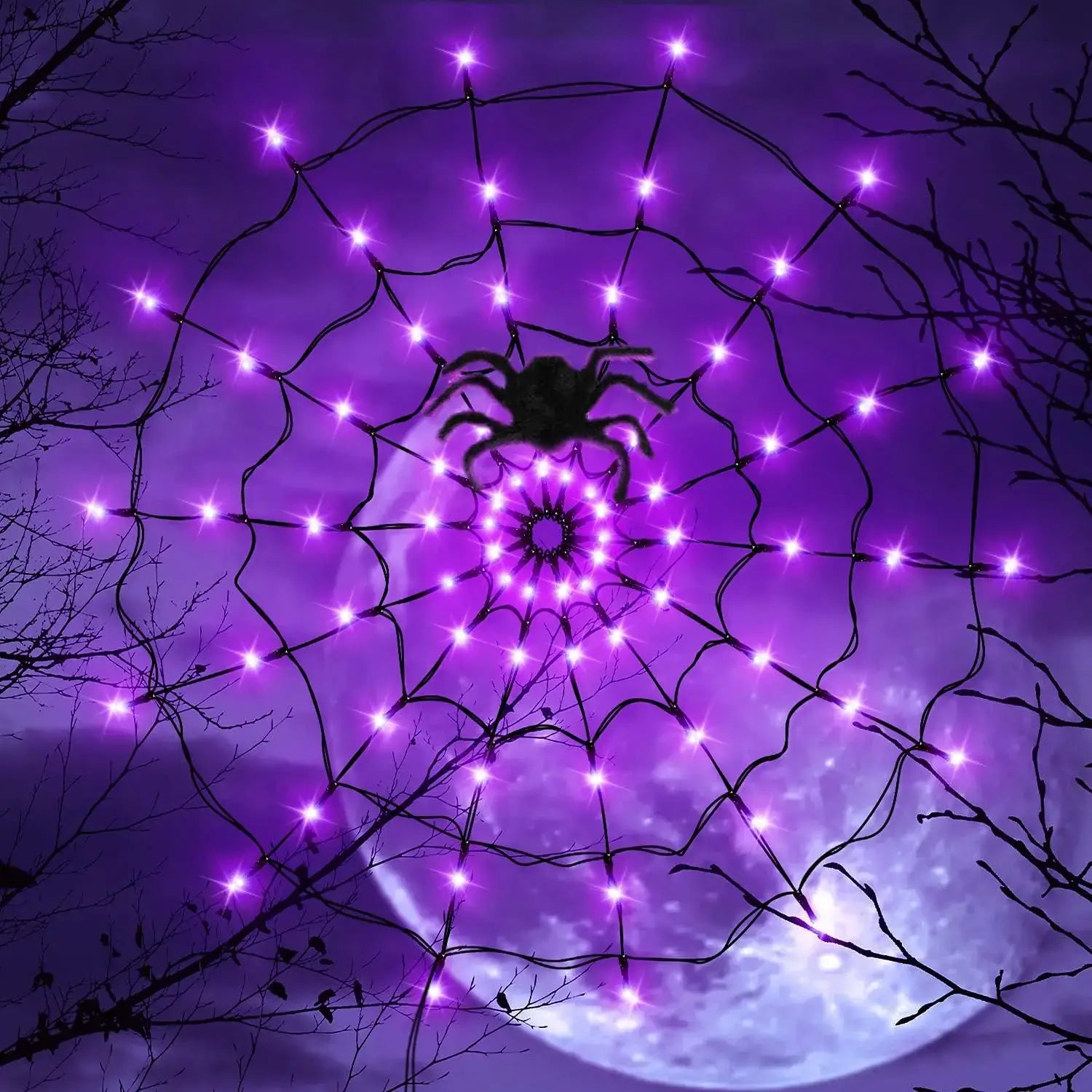 Outdoor Halloween Ghost LED Light String glowing purple in a spider web design with a full moon background, perfect for garden decor.
