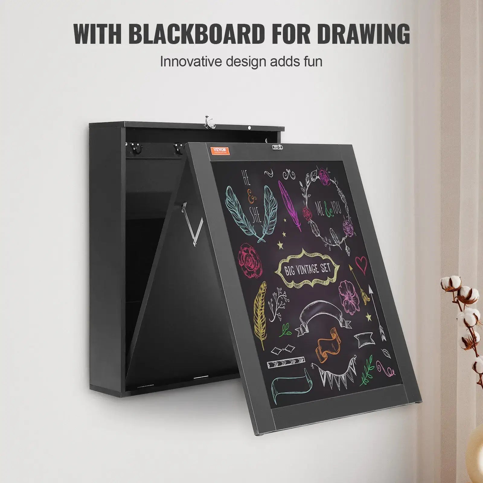 Folding Wall Table closed with chalkboard surface featuring colorful drawings. Fun and functional design for creative and compact spaces.