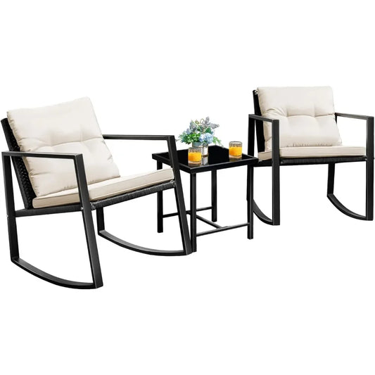 Patio Chairs 3 Piece Wicker Rocking Chair Outdoor Bistro Set -