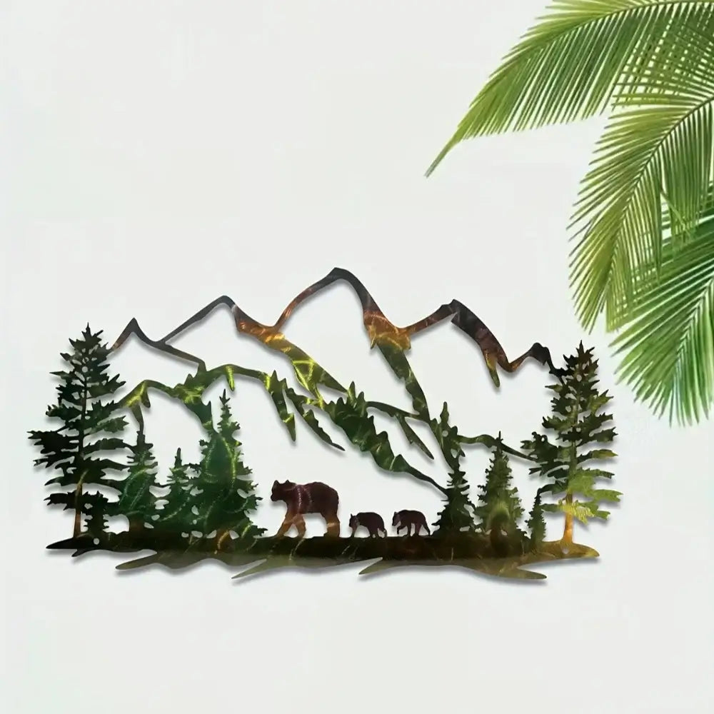 Rustic Metal Forest Mountain Bear Art featuring a bear family and pine trees with mountain backdrop. Ideal wall decor for nature-themed homes.