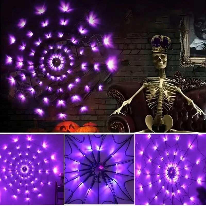 Multiple views of Halloween Ghost LED Light String with purple LEDs in spider web shape, ideal for spooky indoor settings.