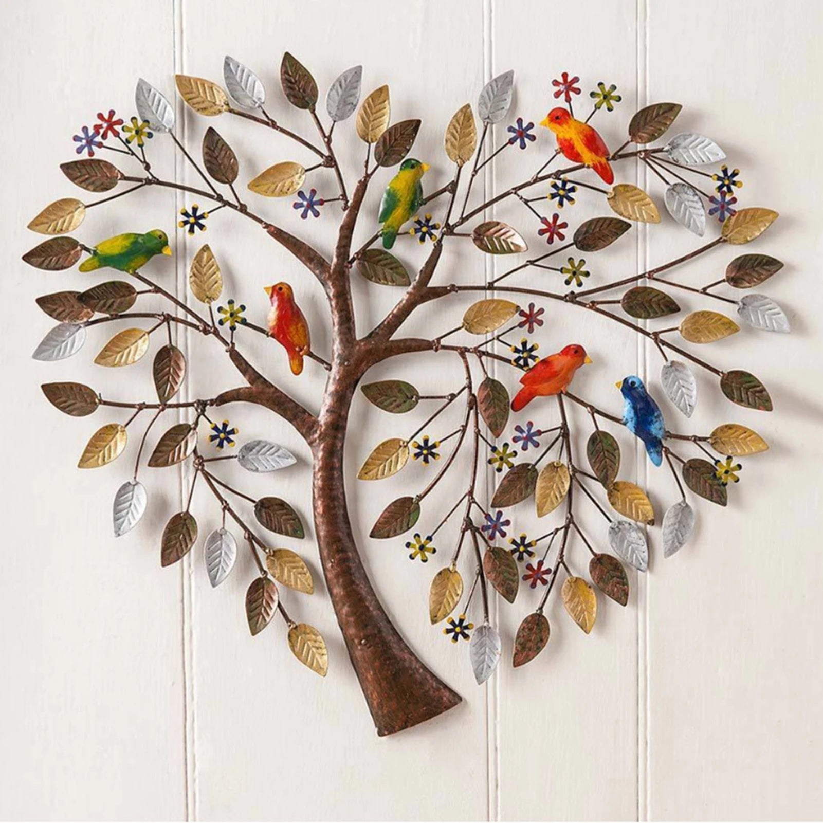 Heart Shape Family Tree Wall Decor - Metal Art Piece featuring colorful birds and gold, silver, and bronze leaves on a white wall background.