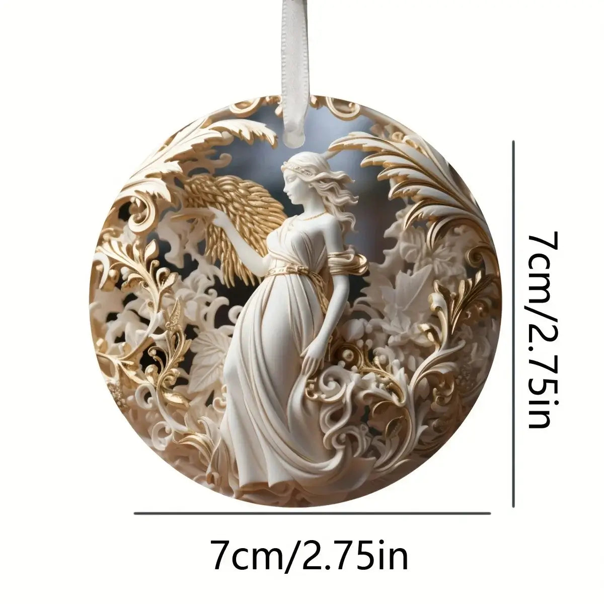 Detailed Acrylic Angel Hanging Decoration measuring 7cm, featuring intricate gold and frosted design for holiday and window display use.