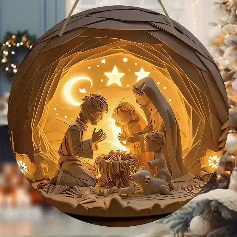 Duplicate layered nativity scene with glowing Holy Family and stars. Warm-toned Christmas décor for home or gift.