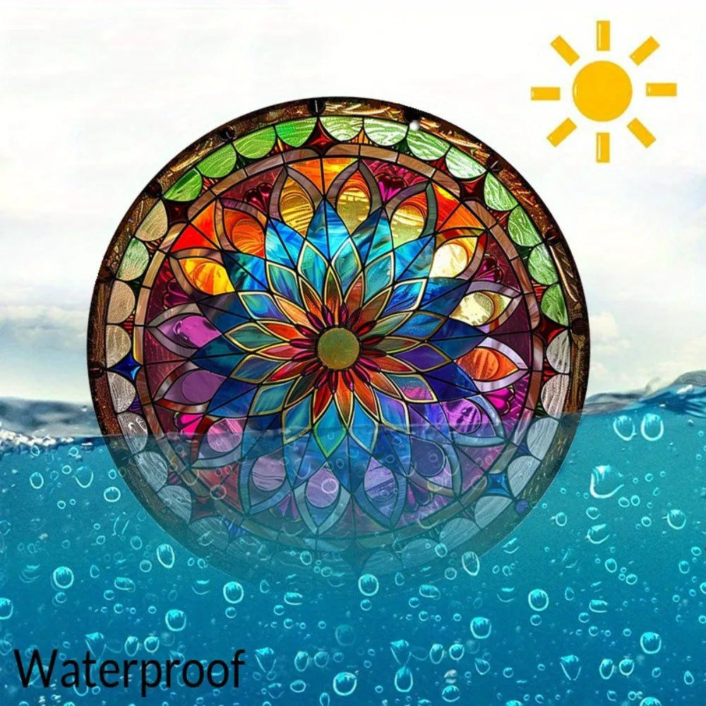 Waterproof Round Mandala Aluminum Art Sign partially submerged in water under sunlight, emphasizing its durability for outdoor use.