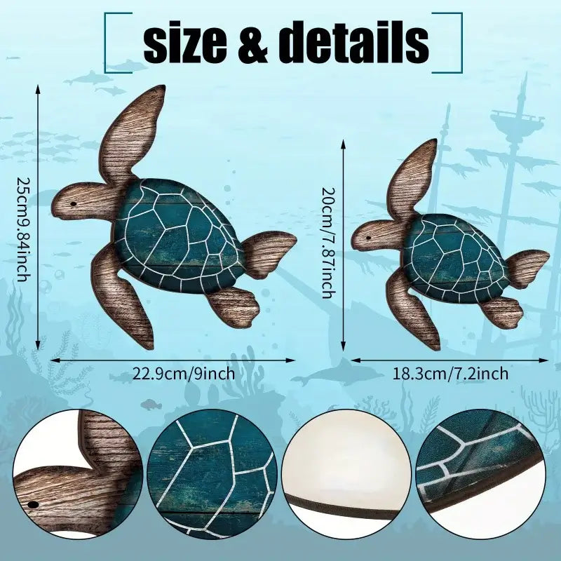 Size chart of Wooden Turtle Wall Hanging Set showing dimensions and close-up details of the handcrafted coastal decor pieces.